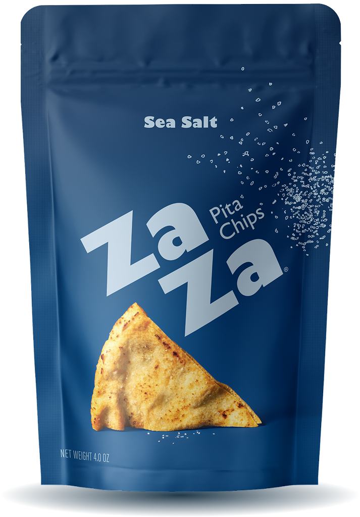 Za-Za Pita Chips packaging with sea salt flavor on a blue background